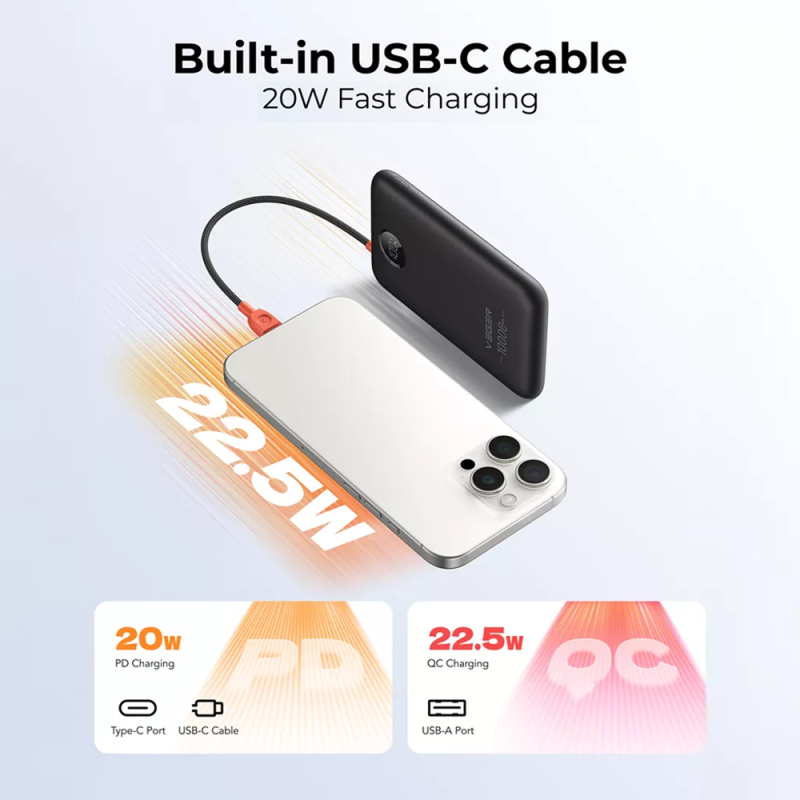 Veger VG-W1189 Power Bank Li-Polymer 10000 mAh PD, 22.5W, USB-A, USB-C, LCD, Preto - 6977525751790