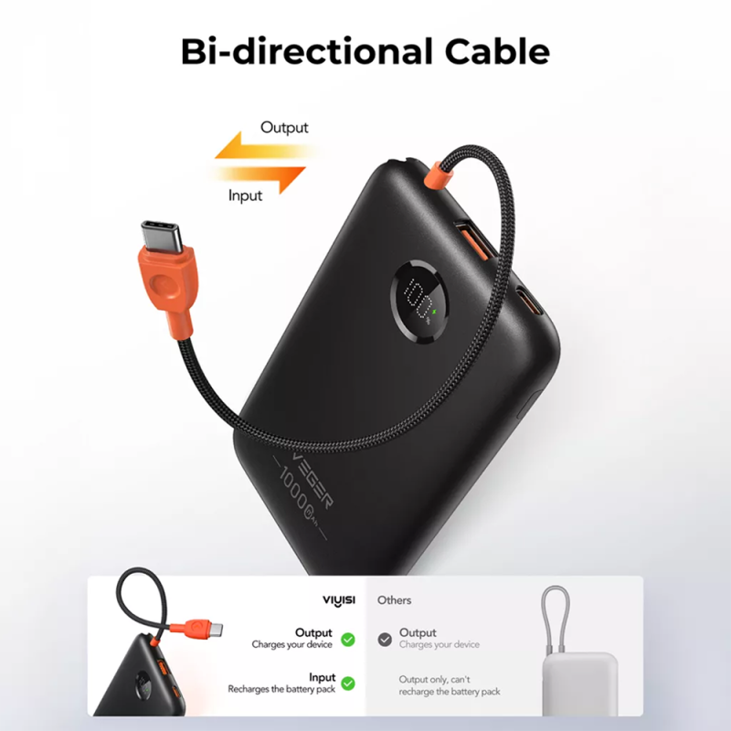 Veger VG-W1189 Power Bank Li-Polymer 10000 mAh PD, 22.5W, USB-A, USB-C, LCD, Preto - 6977525751790