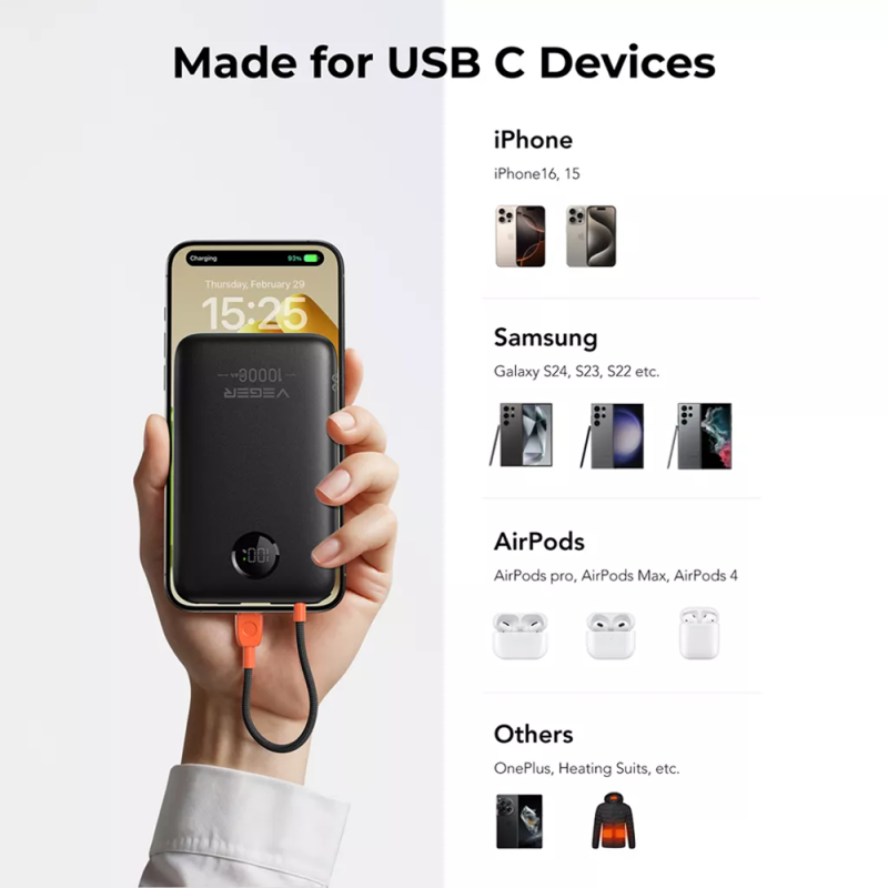 Veger VG-W1189 Power Bank Li-Polymer 10000 mAh PD, 22.5W, USB-A, USB-C, LCD, Preto - 6977525751790