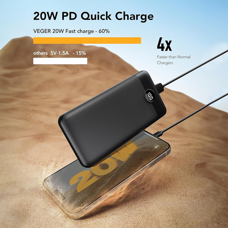 Veger VG-W2081 Powerbank Li-Polymer 20000 mAh PD, 22.5W, USB-A, USB-C, LCD, Preto - 6977525753251