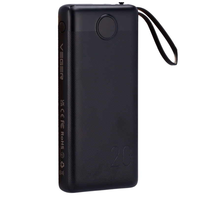 Veger VG-W2059 Powerbank Li-Polymer 20000 mAh, Power IQ, USB-A, Micro-USB, USB-C, LCD, Preto - 6970453554211