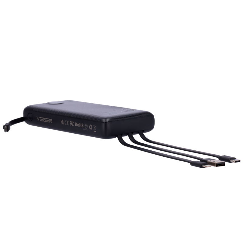 Veger VG-W2059 Powerbank Li-Polymer 20000 mAh, Power IQ, USB-A, Micro-USB, USB-C, LCD, Preto - 6970453554211