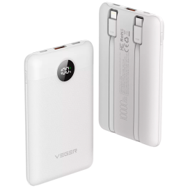 Veger VG-W1170-W Powerbank Li-Polymer 10000 mAh PD, 22.5W, USB-A, USB-C, Lightning, LCD, Branco - 6970453559872
