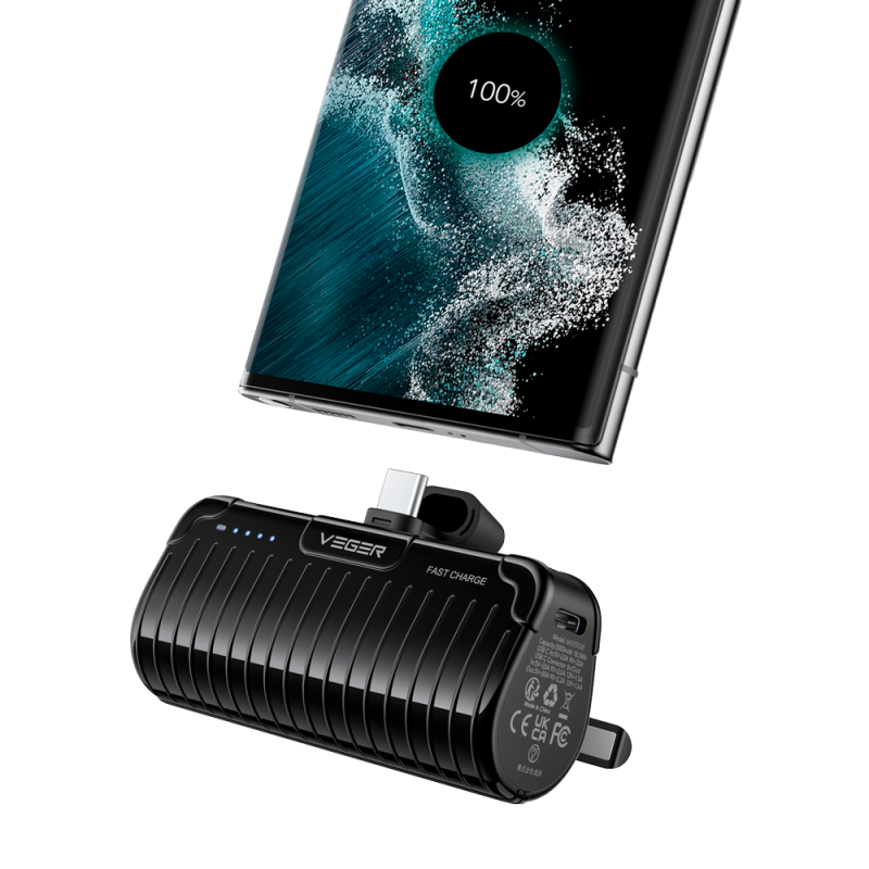 Veger VG-W0558 Powerbank Li-Ion 5000 mAh PD, 20W, USB-C, LED, Preto - 6970453558448