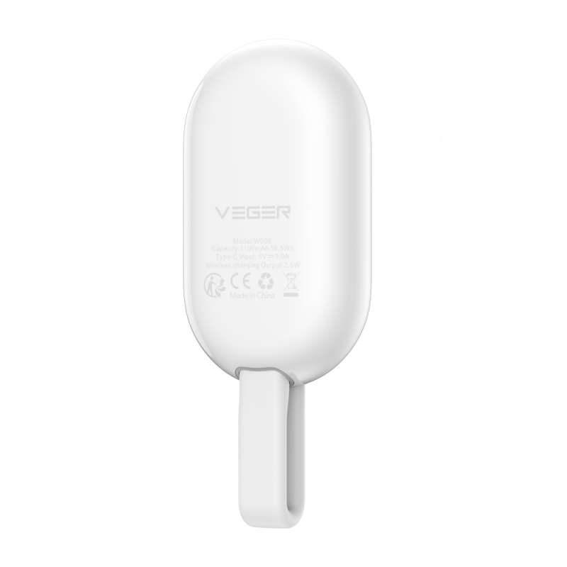 Veger VG-W0102 Powerbank Li-Polymer 1200 mAh, Wireless, USB-C, LED, Branco - 6970453557205
