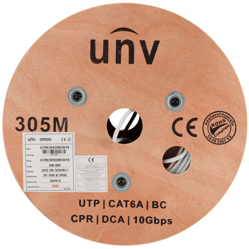 Uniview UV-UTP6A-300-BC23AWG-DCA-R-W Bobine de Cabo U/UTP, 305 m, Cat6A, Cobre, Dca-s2,d2,a2, LSZH, Interior, Branco Cinzento - 8435325486239