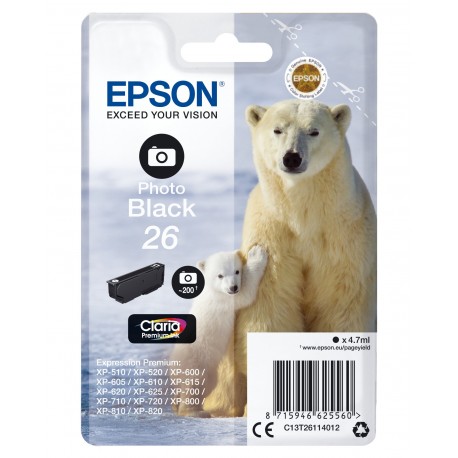 Tinteiro EPSON Preto Photo Serie 26 XP-600/700/800 - C13T26114012