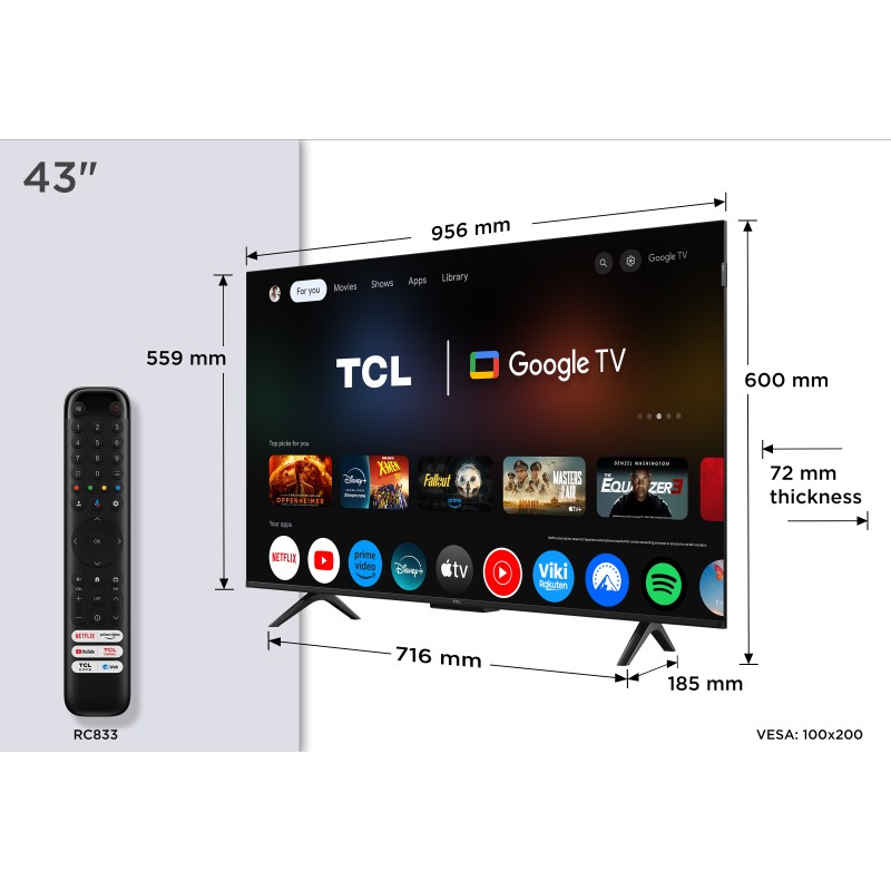 TCL P7K 43P7K QLED TV Plano 109,2 cm (43") 4K Ultra HD, Smart TV, Google TV, Wi-Fi, Ethernet, LAN, Bluetooth, Preto, Metálico - 5901292525958