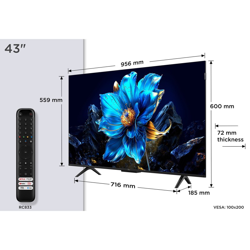 TCL P7K 43P7K QLED TV Plano 109,2 cm (43") 4K Ultra HD, Smart TV, Google TV, Wi-Fi, Ethernet, LAN, Bluetooth, Preto, Metálico - 5901292525958