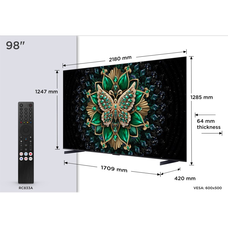 TCL C6K 98C6K MiniLED TV Plano QD-Mini LED 249 cm (98") 4K Ultra HD, Smart TV, Wi-Fi, Ethernet, LAN, Bluetooth, Preto, Metálico - 5901292525767