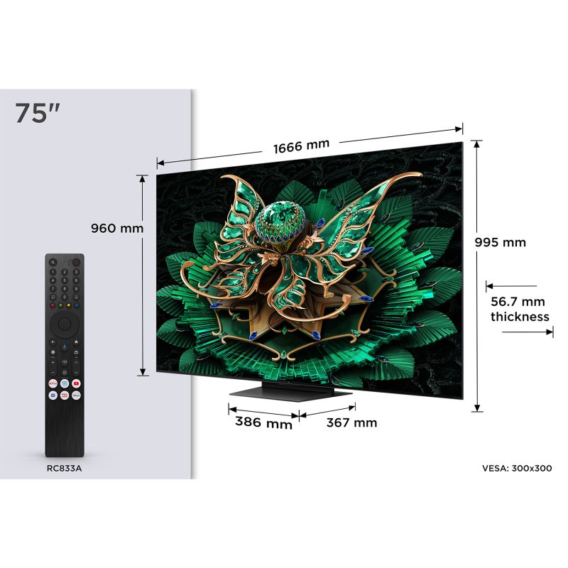 TCL 75C7K MiniLed TV Plano QD-Mini LED 190,5 cm (75") 4K Ultra HD, Smart TV, Google TV, Wi-Fi, Ethernet, LAN, Bluetooth, Preto, Metálico - 5901292525729