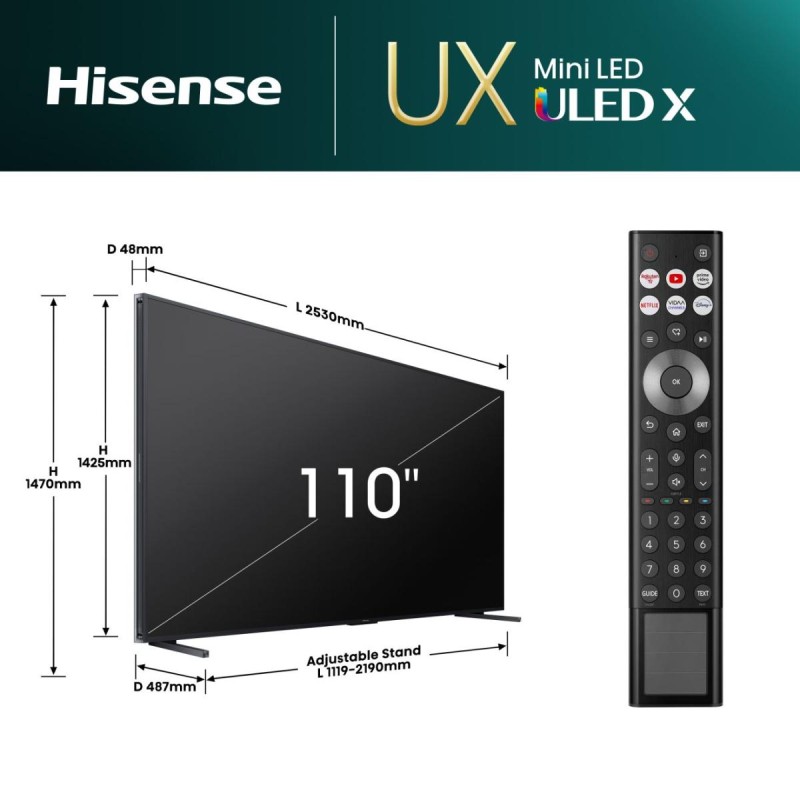 Hisense 110UXNQ ULED MiniLED TV Plano 279,4 cm (110") 4K Ultra HD, Smart TV, Wi-Fi, Ethernet, LAN, Bluetooth, Preto, Cinzento - 6942351410500
