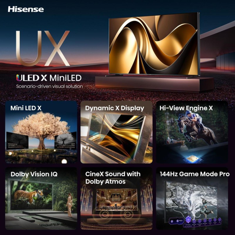 Hisense 110UXNQ ULED MiniLED TV Plano 279,4 cm (110") 4K Ultra HD, Smart TV, Wi-Fi, Ethernet, LAN, Bluetooth, Preto, Cinzento - 6942351410500