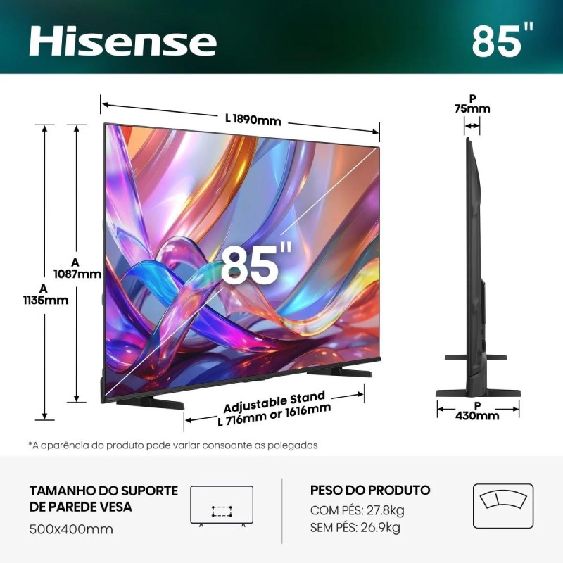 Hisense 85E7S QLED TV Plano 215,9 cm (85") 4K Ultra HD, Smart TV, Wi-Fi, Ethernet, LAN, Bluetooth, Preto - 6942351432076