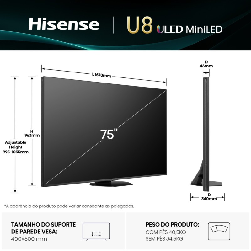 Hisense 75U8Q ULED Mini LED PRO TV Plano 190,5 cm (75") 4K Ultra HD, Smart TV, Wi-Fi, Ethernet, LAN, Bluetooth, Preto, Cinzento - 6942351419503