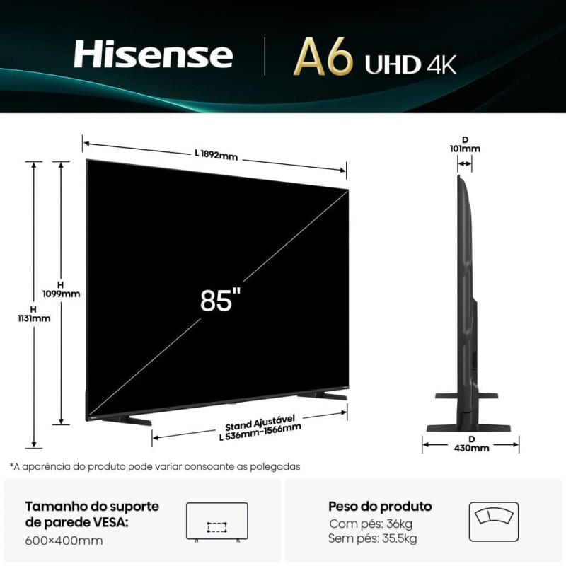 Hisense 85A6Q LED TV Plano 215,9 cm (85") 4K Ultra HD, Smart TV, Wi-Fi, Ethernet, LAN, Bluetooth, Preto - 6942351416076