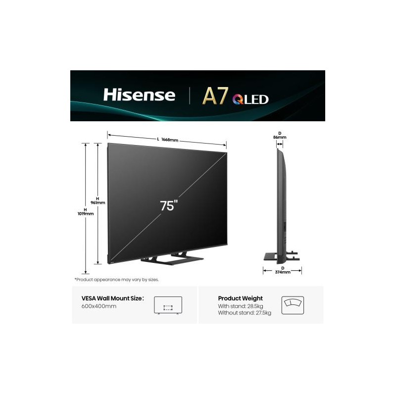Hisense A7Q 75A7Q QLED TV Plano 190,5 cm (75") 4K Ultra HD, Smart TV, Wi-Fi, Ethernet, LAN, Bluetooth, Preto - 6942351420752