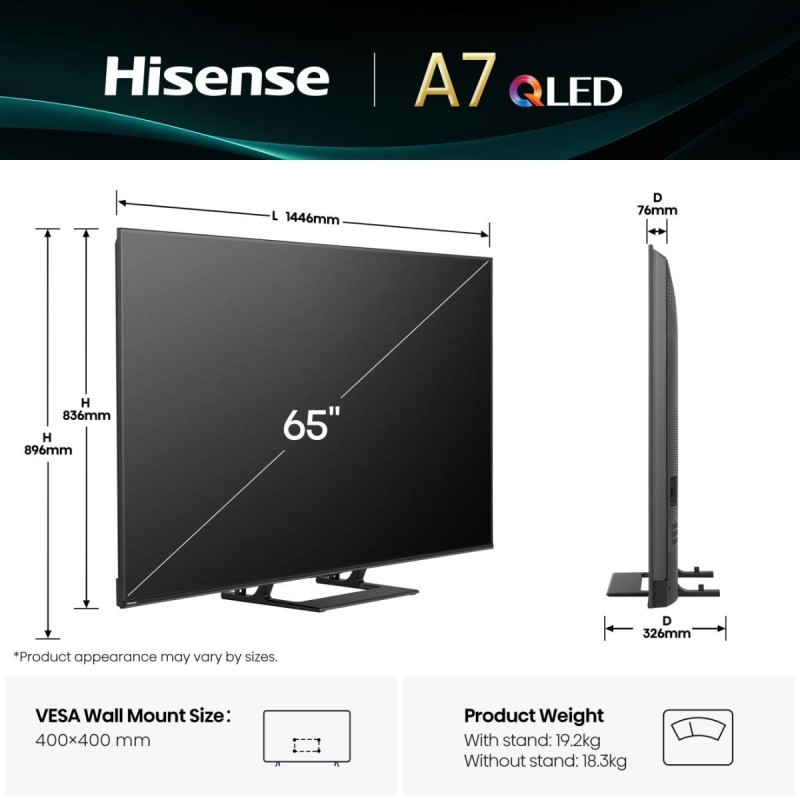 Hisense A7Q 65A7Q QLED TV Plano 165,1 cm (65") 4K Ultra HD, Smart TV, Wi-Fi, Ethernet, LAN, Bluetooth, Preto - 6942351420615