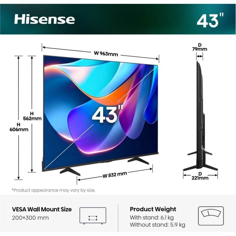 Hisense 65A6S QLED TV Plano 165,1 cm (65") 4K Ultra HD, Smart TV, Wi-Fi, Ethernet, LAN, Bluetooth, Preto - 6942351430751