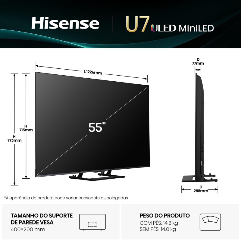 Hisense 55U7Q ULED Mini LED TV Plano 139,7 cm (55") 4K Ultra HD, Smart TV, Wi-Fi, Ethernet, LAN, Bluetooth, Preto - 6942351421032