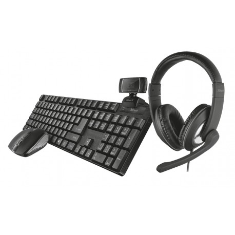 Trust 24042 Qoby Home Office Set Pack 4 em 1 Teclado RF Wireless QWERTY Layout ES, Padrão + Rato RF Wireless + Webcam + Auriculares com Microfone, Preto - 8713439240429