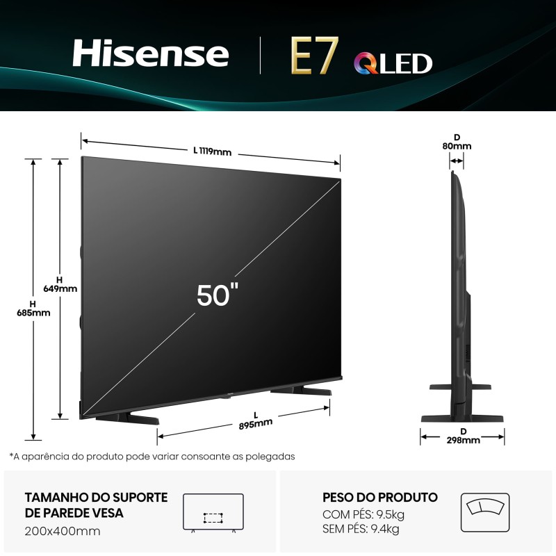 Hisense 50E7Q QLED TV Plano 127 cm (50") 4K Ultra HD, Smart TV, Wi-Fi, Ethernet, LAN, Bluetooth, Preto - 6942351418636