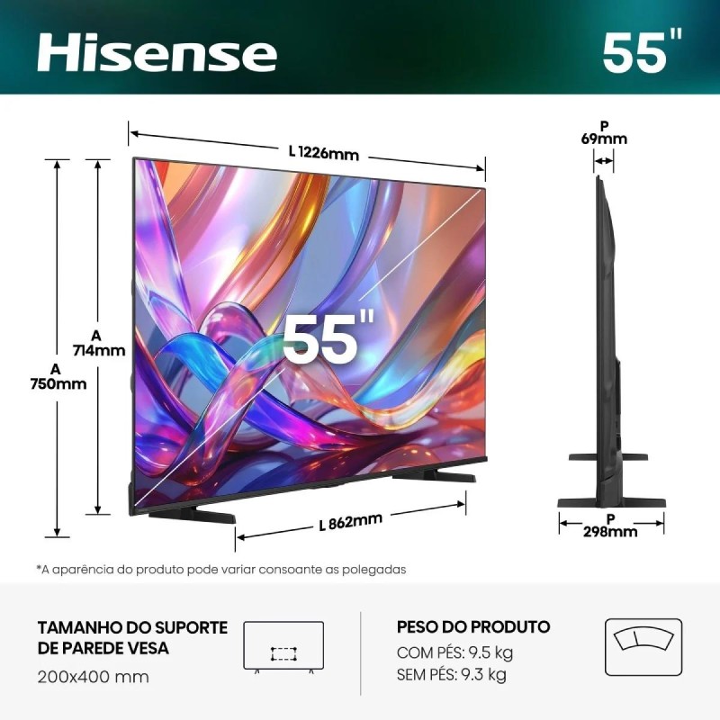 Hisense 55E7S QLED TV Plano 139,7 cm (55") 4K Ultra HD, Smart TV, Wi-Fi, Ethernet, LAN, Bluetooth, Preto - 6942351431352