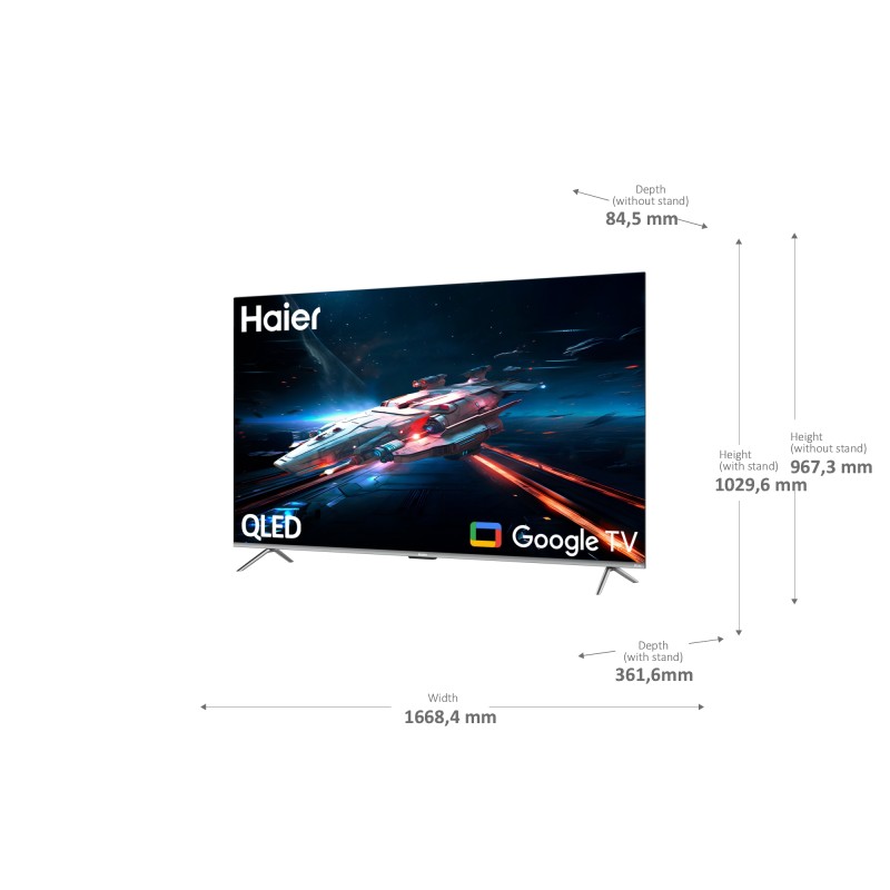 Haier H75Q800UX QLED TV Plano 190,5 cm (75") 4K Ultra HD, Smart TV, Wi-Fi, Ethernet, LAN, Bluetooth, Preto - 6976454831252