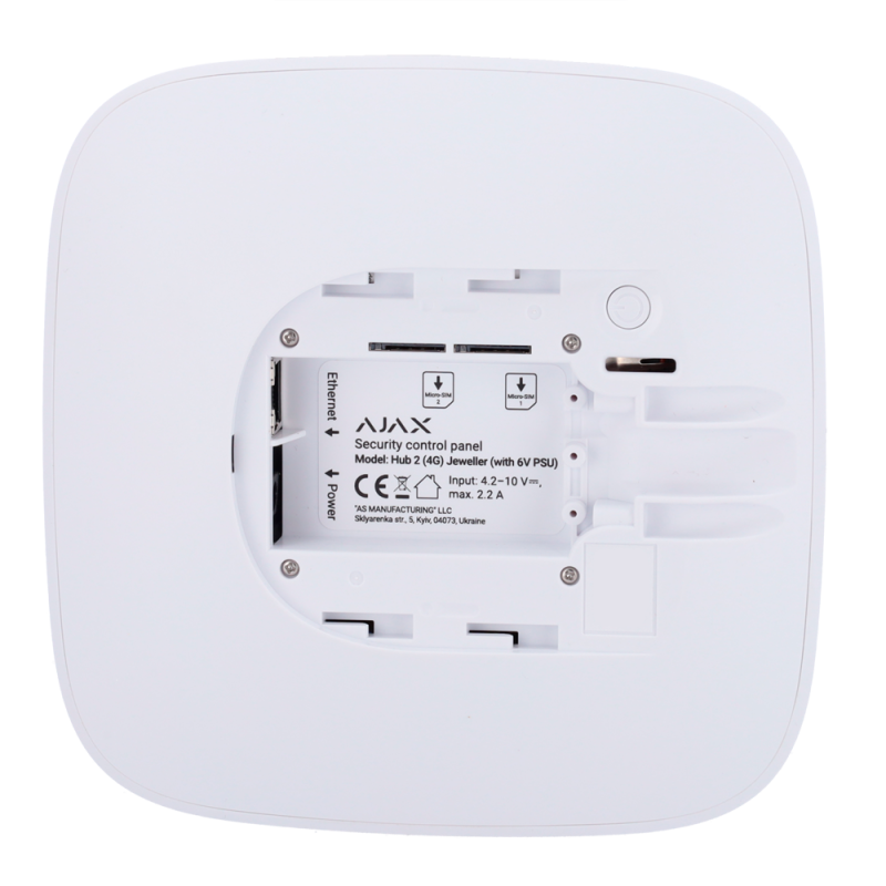 AJAX AJ-HUB2-4G-DC6V-W Central de Alarme Wireless, Autônomo 6V DC, Ethernet, GPRS, Dual SIM 4G, RF 868 MHz, Grau 2, Jeweller, Criptografia AES, Até 100 dispositivos, Branco - 4823114027970