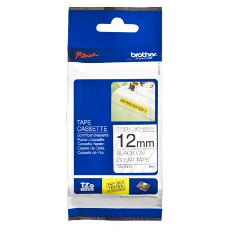 Fita BROTHER Laminada Super Adesiva C/ Texto Preto E Fundo Transparente 12mm X 8m - 4977766695565