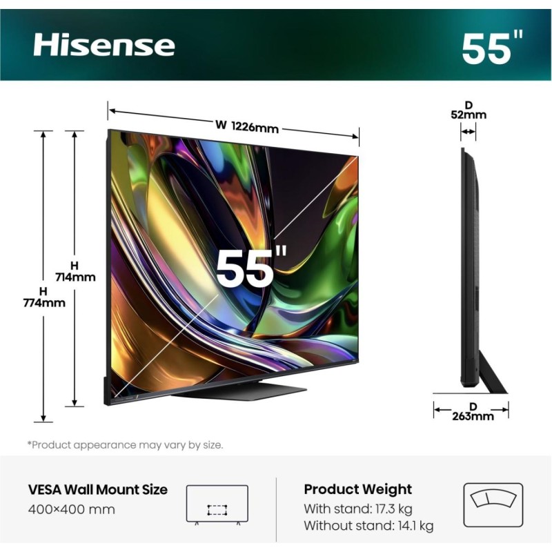 HISENSE - RGB-MiniLED  Smart TV 55`` 4K 180Hz Som 2.1.2 55UR8S