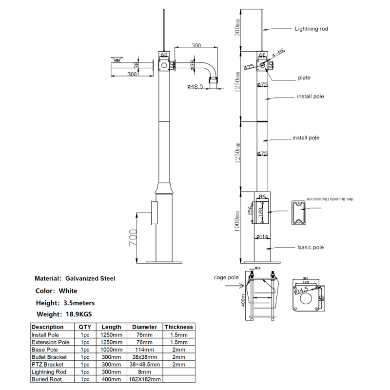 OEM POLE-350-D Poste de CCTV em Aço galvanizado, 3.5 m, 2 peças de 1,25 m e 1 base de 1 m, Diâmetro 75 mm, 18.9 kg, IP65, Suportes para PTZ, Bullet e Para-raios, Branco - 9780201379167