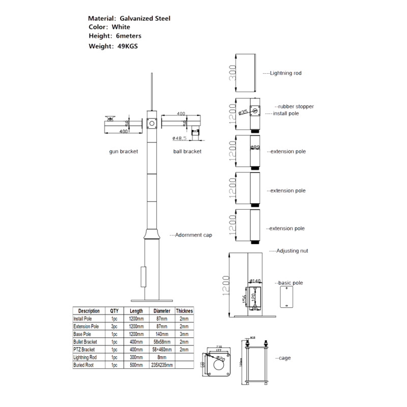 OEM POLE-600-D Poste de CCTV em Aço galvanizado, 6 m, 5 peças de 1,2 m, Diâmetro 87 mm, 46 kg, IP65, Suportes para PTZ, Bullet e Para-raios, Branco