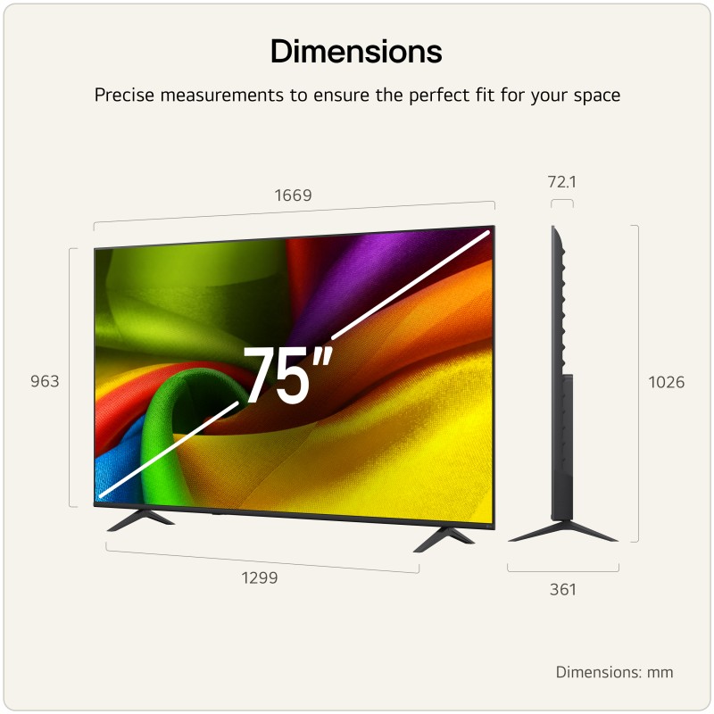 LG 75NU850B6LA.AEU LED TV Plano 190,5 cm (75") 4K, Ultra HD, Smart TV, Wi-Fi, Ethernet, LAN, Bluetooth, Preto - 8806096703243