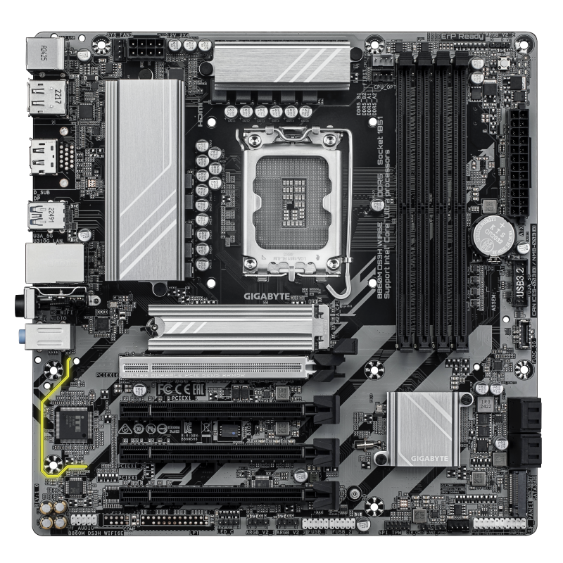 Gigabyte B860M DS3H WIFI6E Motherboard Intel B860 Socket LGA1851 DDR5 Micro ATX PCIe 5.0 M.2 Wi-Fi - 9MB86MSH6-00-G10 - 4719331866815