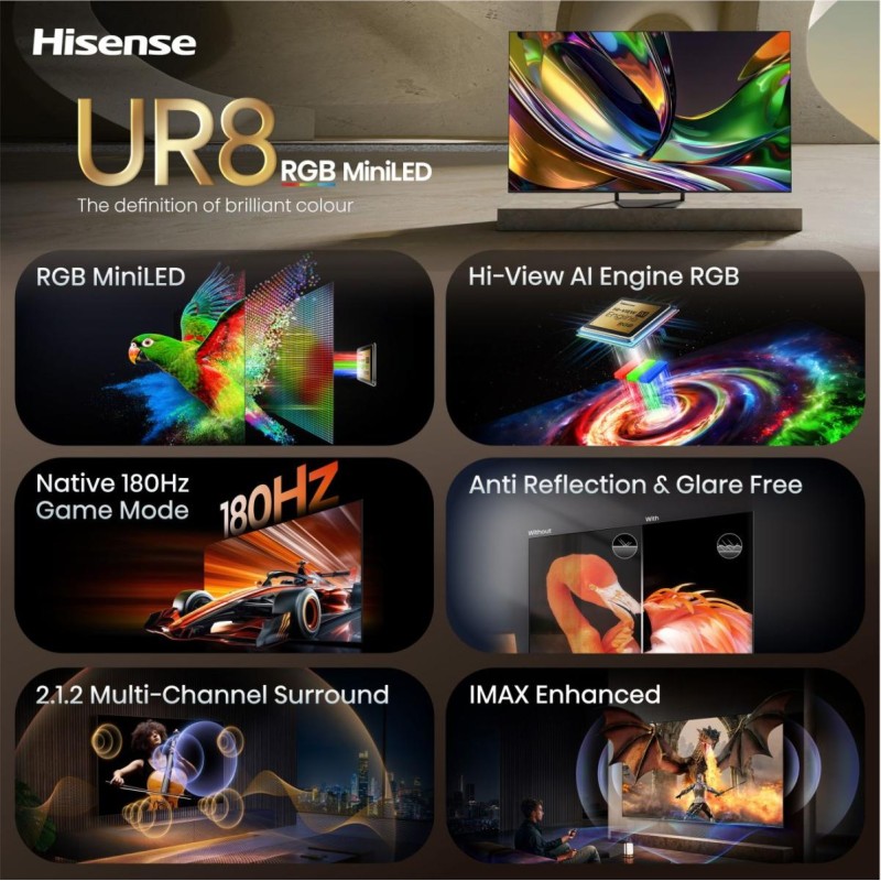 Hisense 75UR8S DLED RGB-Mini LED TV Plano 190,5 cm (75") 4K Ultra HD, Smart TV, Wi-Fi, Ethernet, LAN, Bluetooth, Preto - 6942351436760