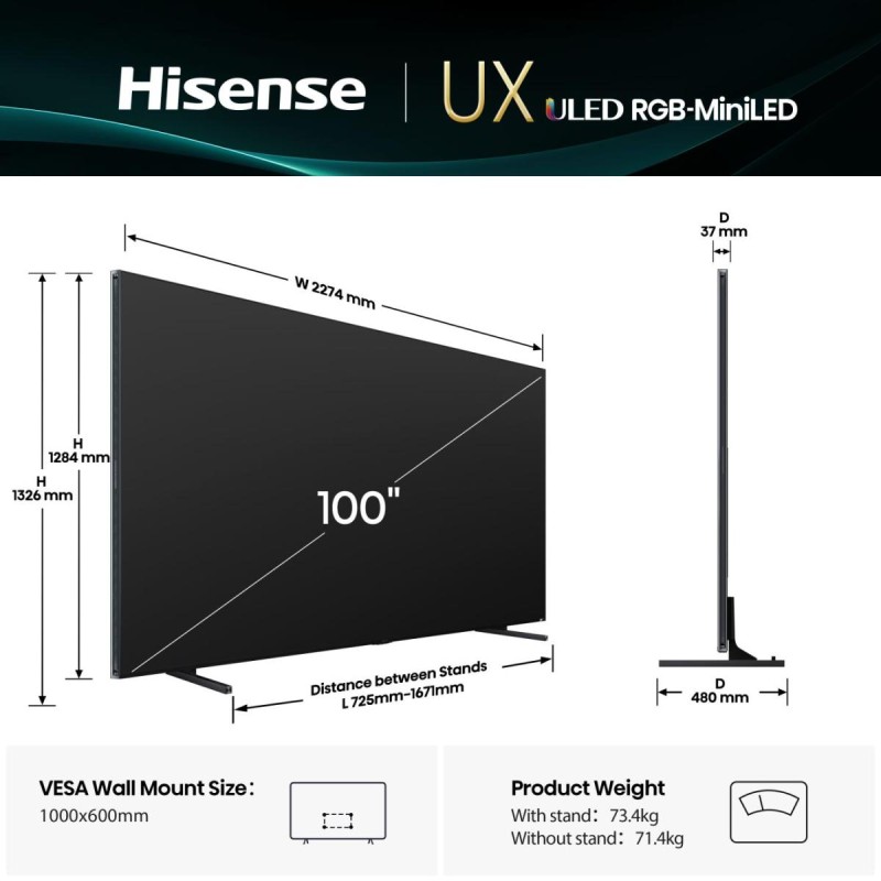 Hisense 100UXQ RGB-MiniLED Smart TV Plano 254 cm (100") 4K Ultra HD, Smart TV, Wi-Fi, Ethernet, LAN, Bluetooth, Preto Cinzento - 6942351425764