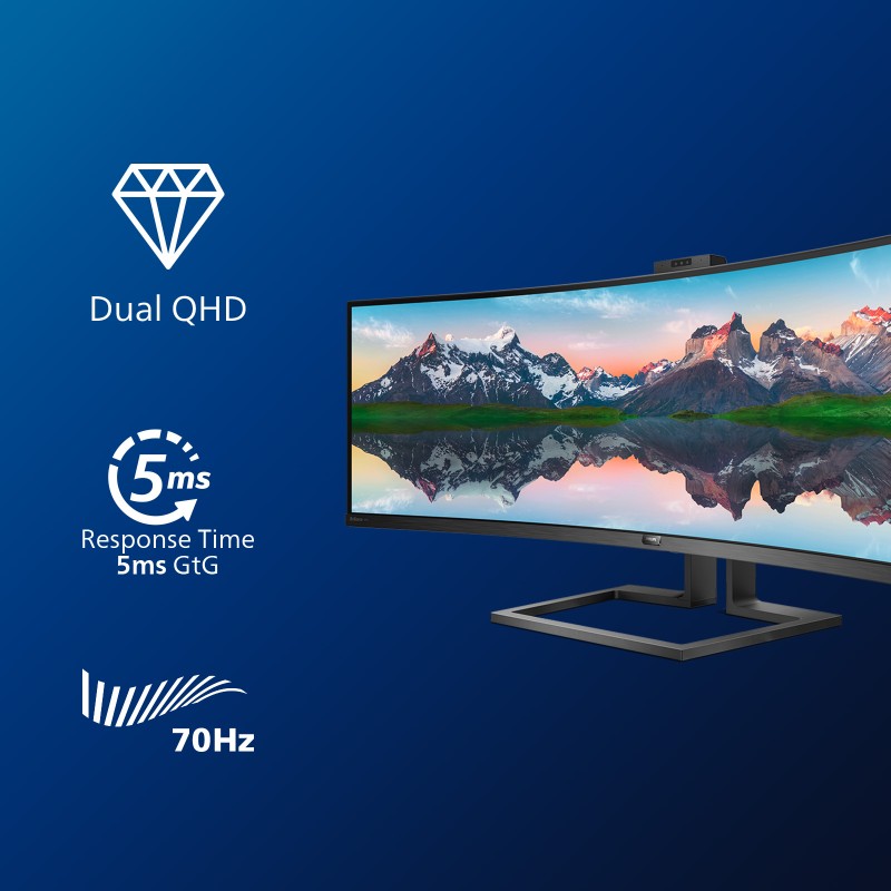 Philips P Line 499P9H LCD Monitor Profissional Curvo, 124 cm (48,8"), 5120 x 1440 pixels UltraWide Dual Quad HD, 70Hz, USB-C, DisplayPort, HDMI, Ajuste de Altura, Altifalantes Integrados, Câmera Embutida, Preto - 499P9H/00 - 8712581753719