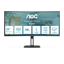 AOC V5 CU34V5C BK LED Monitor Profissional Curvo, 86,4 cm (34"), 3440 x 1440 pixels Wide Quad HD, 100Hz, USB-C, DisplayPort, HDMI, Ajuste de Altura, Altifalantes Integrados, Preto - CU34V5C/BK - 4038986110198