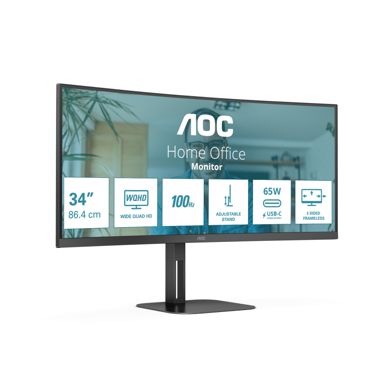 AOC V5 CU34V5C BK LED Monitor Profissional Curvo, 86,4 cm (34"), 3440 x 1440 pixels Wide Quad HD, 100Hz, USB-C, DisplayPort, HDMI, Ajuste de Altura, Altifalantes Integrados, Preto - CU34V5C/BK - 4038986110198
