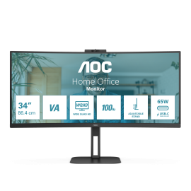 AOC V5 CU34V5CW BK LED Monitor Profissional Curvo, 86,4 cm (34"), 3440 x 1440 pixels Wide Quad HD, 100Hz, USB-C, DisplayPort, HDMI, Ajuste de Altura, Altifalantes Integrados, Webcam, Preto - CU34V5CW/BK - 4038986110273