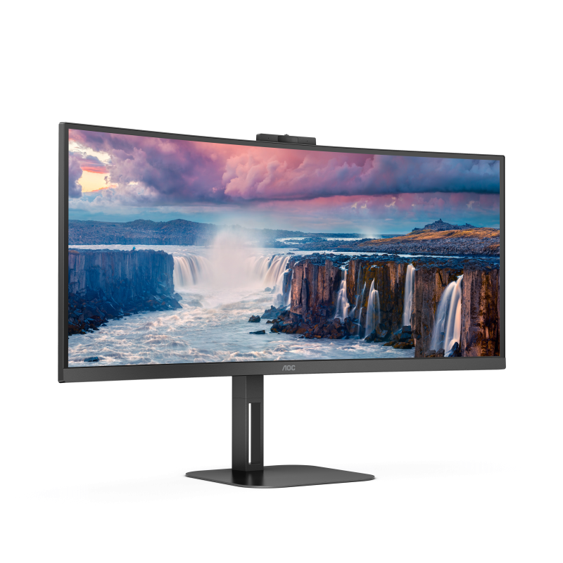 AOC V5 CU34V5CW BK LED Monitor Profissional Curvo, 86,4 cm (34"), 3440 x 1440 pixels Wide Quad HD, 100Hz, USB-C, DisplayPort, HDMI, Ajuste de Altura, Altifalantes Integrados, Webcam, Preto - CU34V5CW/BK - 4038986110273