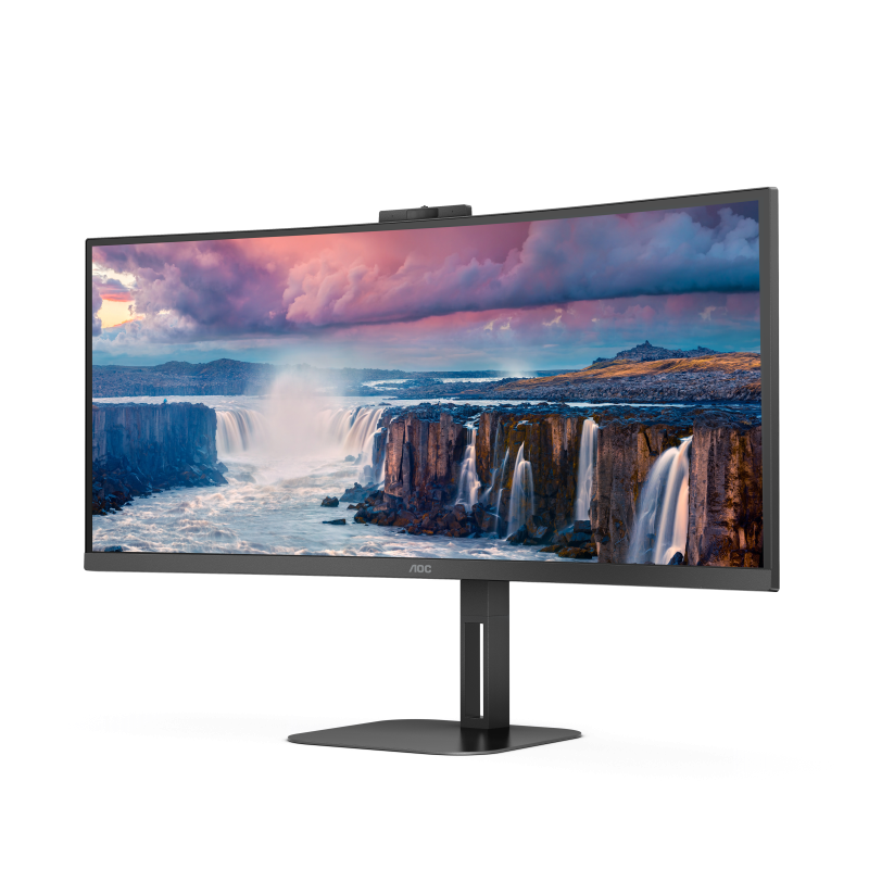 AOC V5 CU34V5CW BK LED Monitor Profissional Curvo, 86,4 cm (34"), 3440 x 1440 pixels Wide Quad HD, 100Hz, USB-C, DisplayPort, HDMI, Ajuste de Altura, Altifalantes Integrados, Webcam, Preto - CU34V5CW/BK - 4038986110273