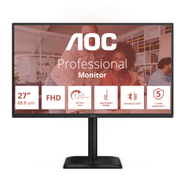 AOC 27E4U LED Monitor Profissional Plano, 68,6 cm (27"), 1920 x 1080 pixels Full HD, 120Hz, HDMI, DisplayPort, Ajuste de Altura, Pivot, Altifalantes Integrados, Preto - 4038986182799