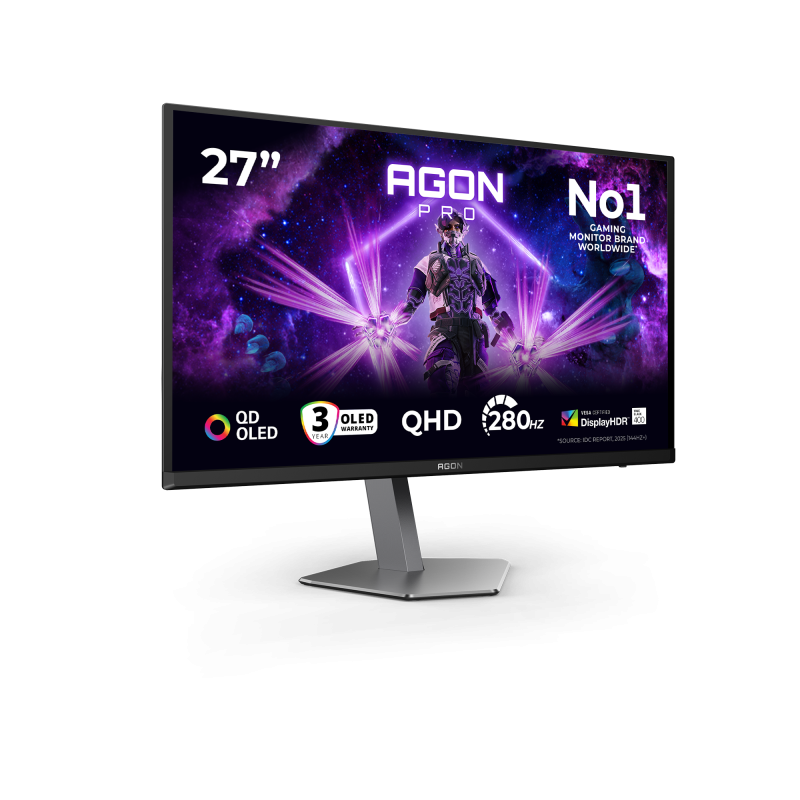 AOC AGON PRO AG276QZD2 QD-OLED Monitor Gaming Plano, 67,3 cm (26.5"), 2560 x 1440 pixels Quad HD, 240Hz, HDMI, DisplayPort, Ajuste de Altura, Pivot, Altifalantes Integrados, Preto - 4038986182478