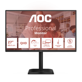 AOC E4 Q27E4CV LED Monitor Profissional Plano, 68,6 cm (27"), 2560 x 1440 pixels Quad HD, 120Hz, USB-C, DisplayPort, HDMI, Ajuste de Altura, Pivot, Altifalantes Integrados, Preto - 4038986182829