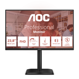 AOC 24E4U LED Monitor Profissional Plano, 60,5 cm (23,8"), 1920 x 1080 pixels Full HD, 120Hz, HDMI, DisplayPort, Ajuste de Altura, Pivot, Altifalantes Integrados, Preto - 4038986142779