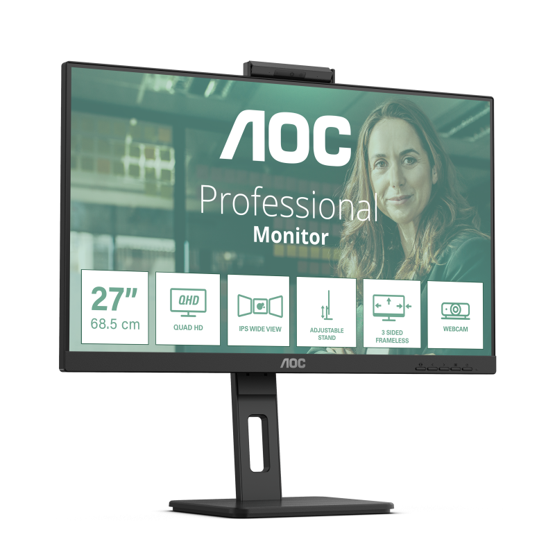 AOC Q27P3QW IPS Monitor Profissional Plano, 68,6 cm (27"), 2560 x 1440 pixels Quad HD, 100Hz, USB-C, DisplayPort, HDMI, Táctil, Ajuste de Altura, Pivot, Altifalantes Integrados, Preto - 4038986180764