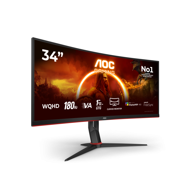 AOC G2 CU34G2XP VA Monitor Gaming Curvo, 86,4 cm (34"), 3440 x 1440 pixels UltraWide Quad HD, 180Hz, USB-C, DisplayPort, HDMI, Ajuste de Altura, Giratório, Preto - CU34G2XP/BK - 4038986111331