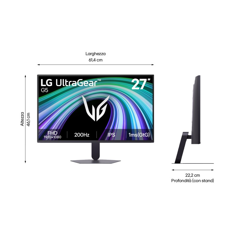 LG 27G523B-B IPS Monitor Gaming UltraGear Plano, 68,6 cm (27"), 1920 x 1080 pixels Full HD, 200Hz, HDMI, DisplayPort, Ajuste de Inclinação, Preto - 27G523B-B - 8806096826300